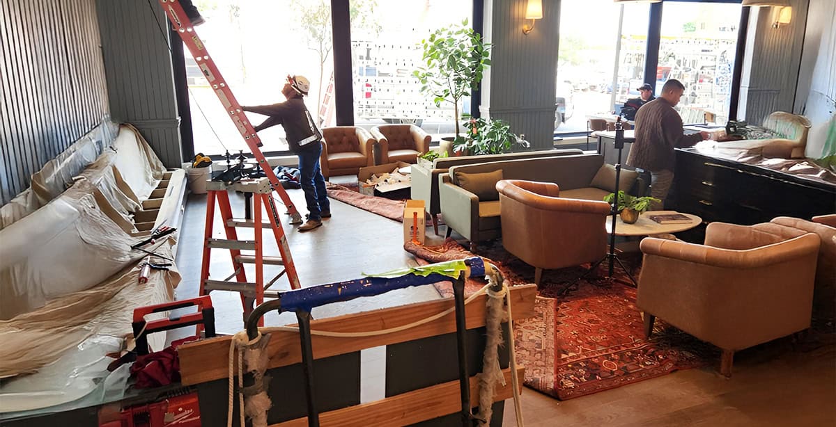 Modern lounge area being prepared for opening at Relo Solutions Group.